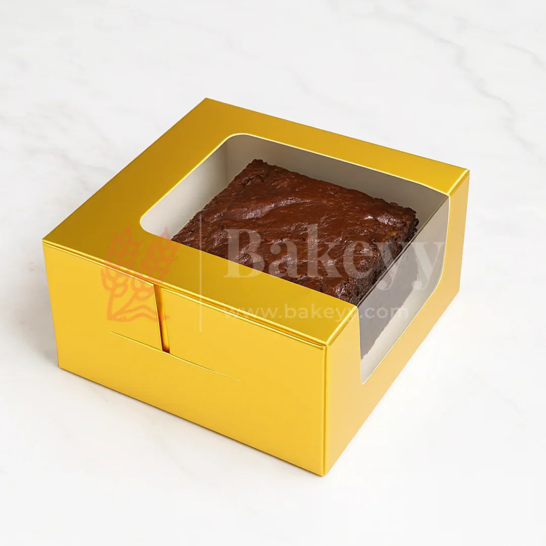 3x3x1.75 inch | 1 Piece Brownie Box Premium Metallic Gold  | L Shaped Window | Pack Of 10