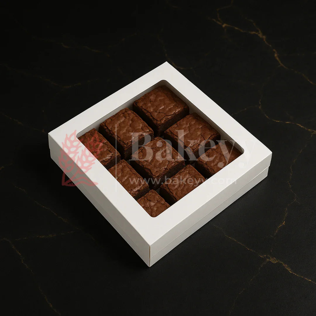 9x9x2 inch | 9 Piece Brownie Box Premium Creamy White | Square Window | Pack of 10
