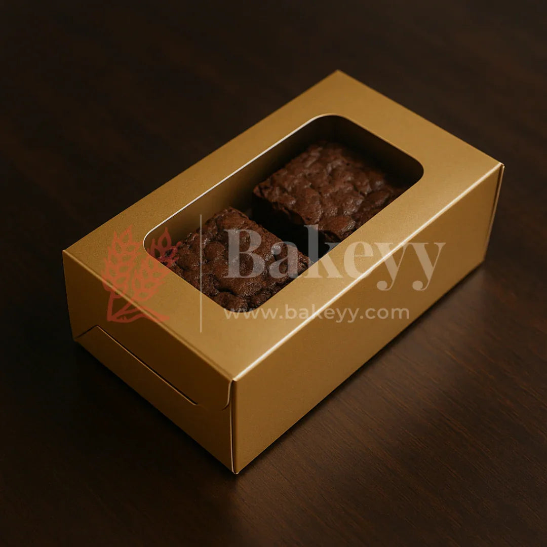 6x3x1.75 inch | 2 Piece Brownie Box Premium Metallic Gold | Rectangle Window | Pack of 10