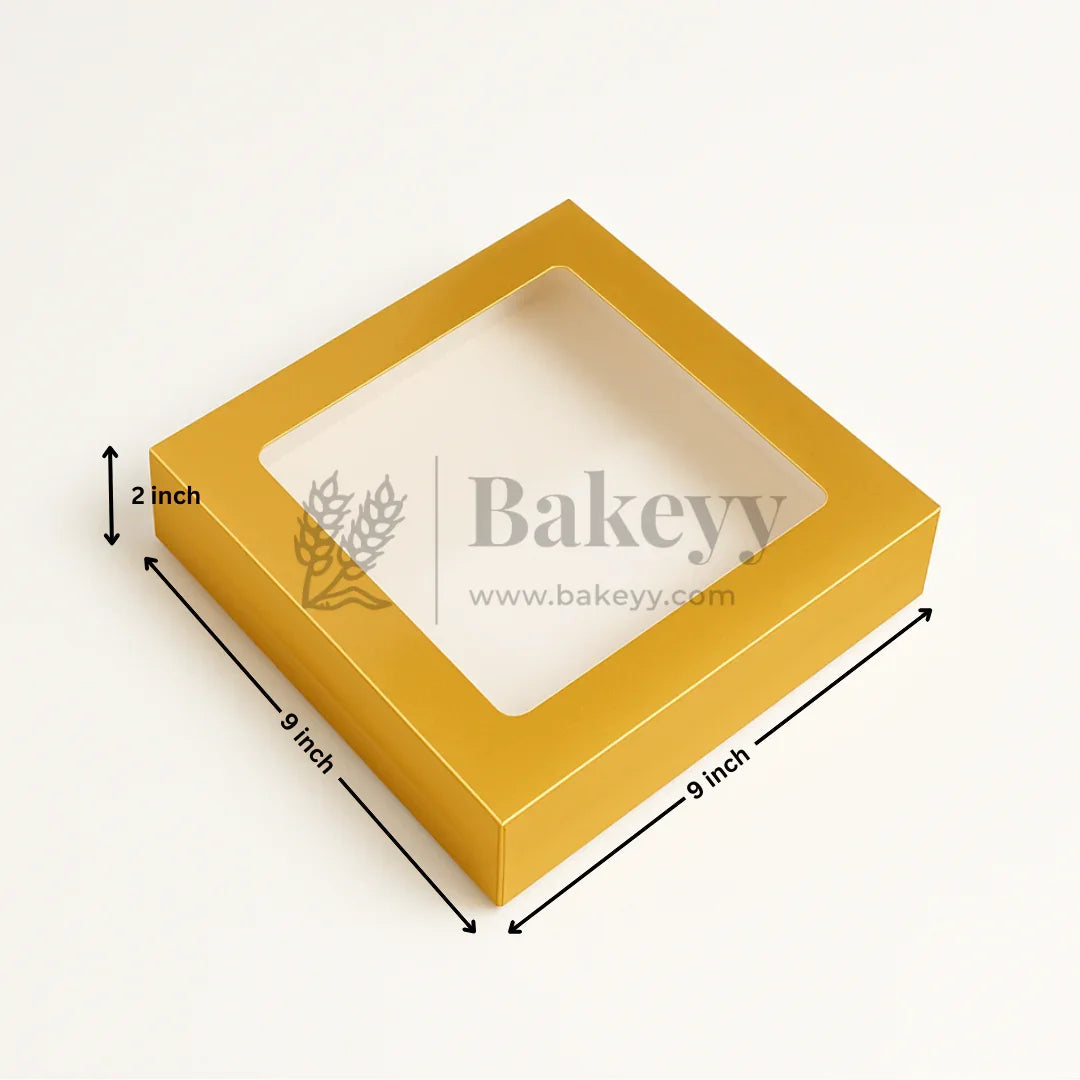 9x9x2 inch | 9 Piece Brownie Box Premium Metallic Gold | Square window | Pack of 10