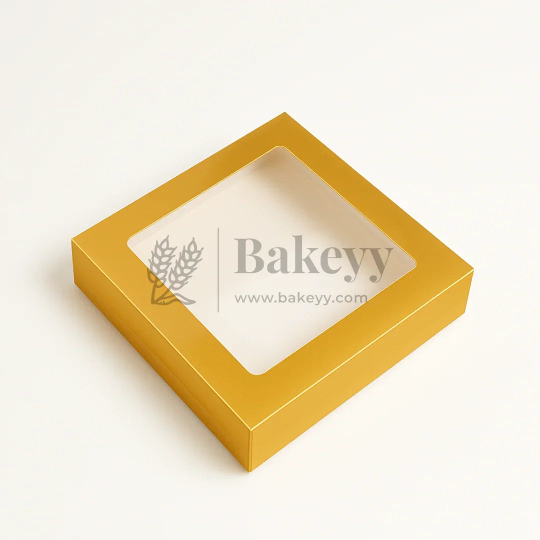9x9x2 inch | 9 Piece Brownie Box Premium Metallic Gold | Square window | Pack of 10
