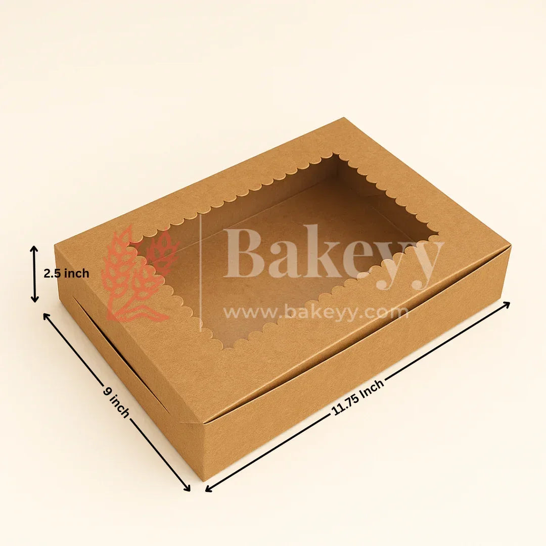 Kraft rectangular bakery box with scalloped window, 11.75x9x2.5 inch, wholesale packaging from Bakeyy.com