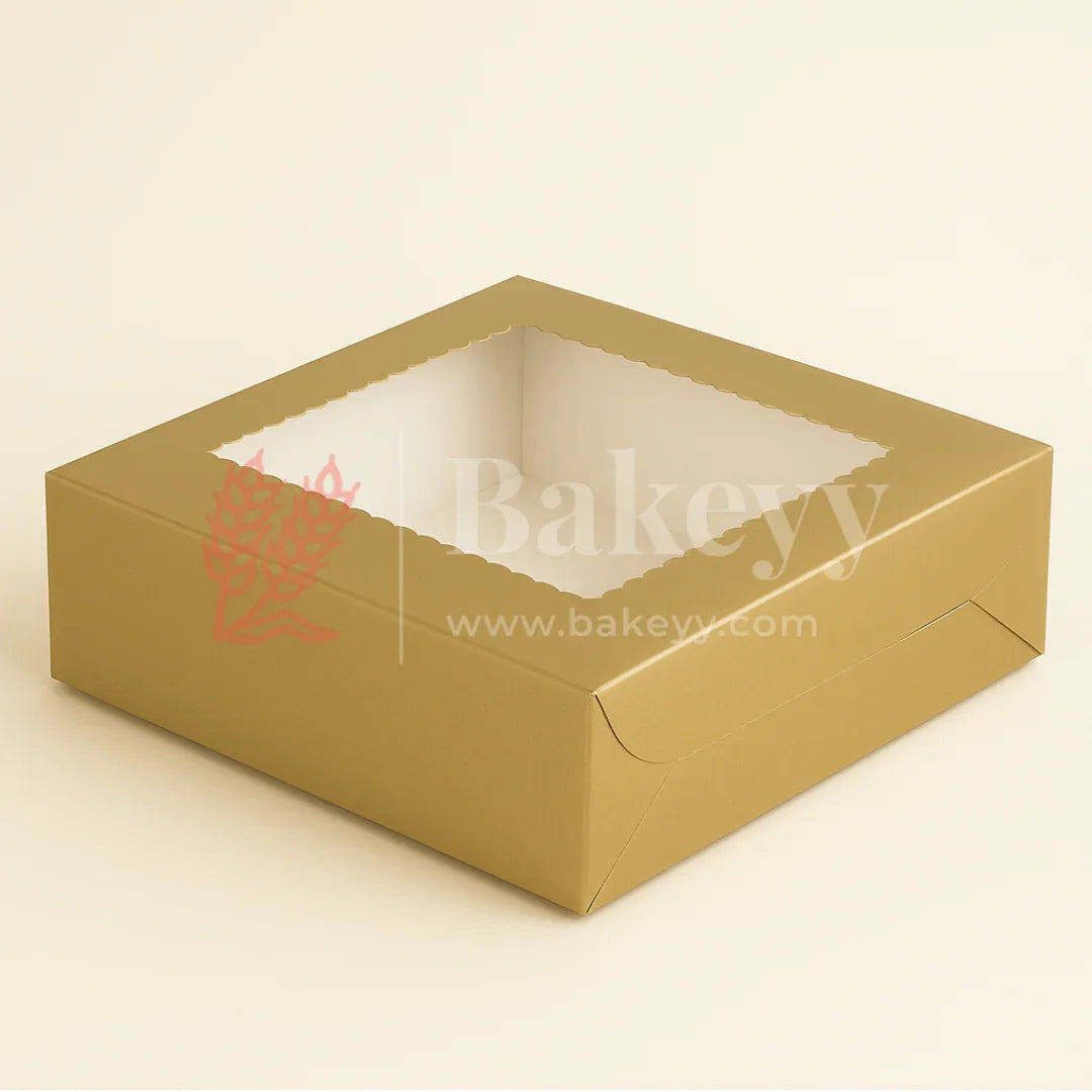 6x6x1.75 inch | 4 Piece Brownie Box Premium Metallic Gold | Flower window | Pack of 10