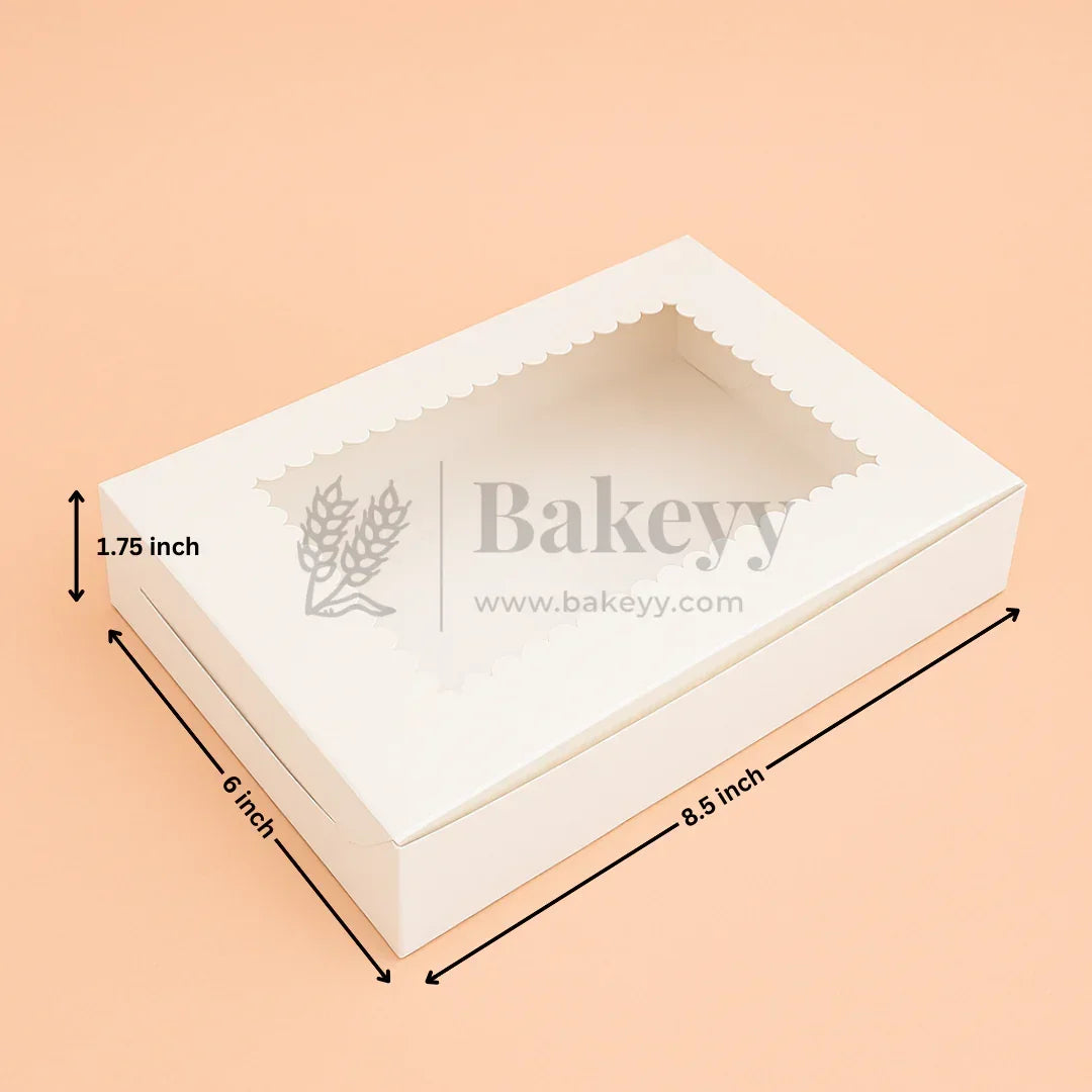 White bakery gift box with clear window, 8.5 x 6 x 1.75 inch, Bakeyy wholesale packaging