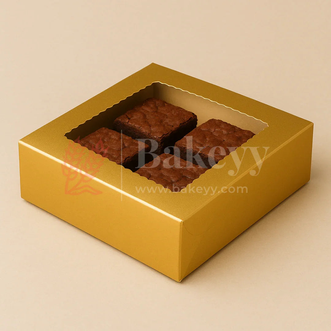 6x6x1.75 inch | 4 Piece Brownie Box Premium Metallic Gold | Flower window | Pack of 10