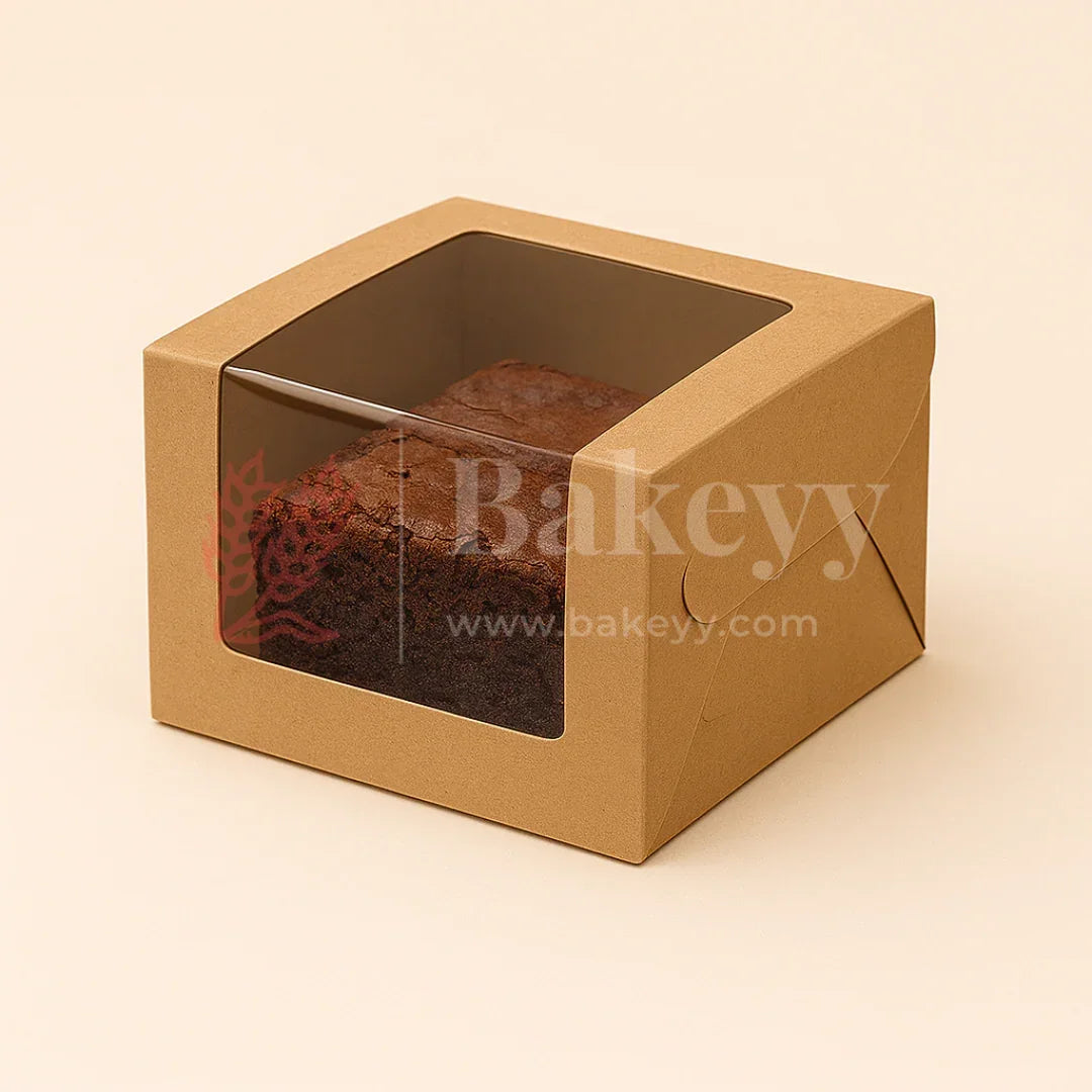Brownie in kraft paper bakery box with window, Bakeyy.com packaging supply