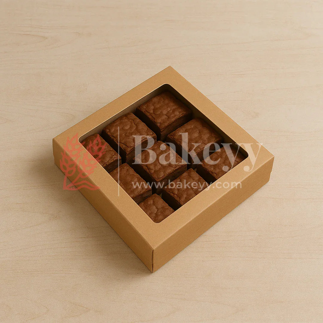 9x9x2 inch | 9 Piece Brownie Box Premium Kraft Paper | Square window | Pack of 10