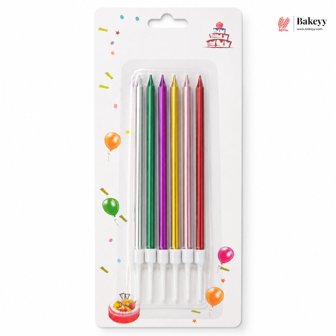 3mm Metallic Straight Birthday Cake Candles with Holders | Pack of 6