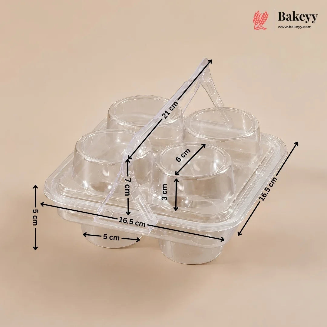 4-Cavity Transparent Dessert Cup Carrier with Handle & Lid | Pack of 50