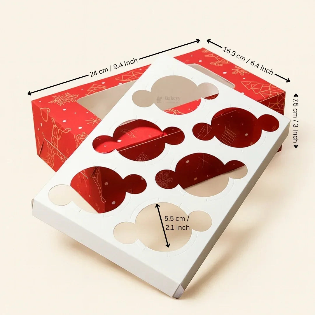 Christmas Cupcake Box with Window | Red Festive Design | Festive Cupcake Box | Pack of 10