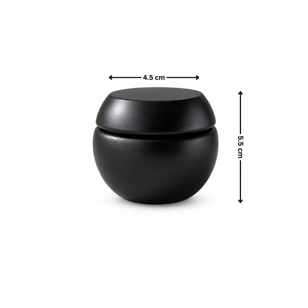 Black spherical container with lid and dimensions indicated on a white background