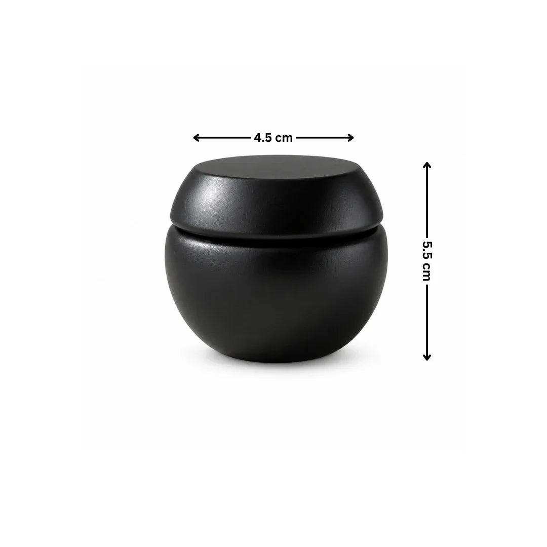Black spherical container with lid and dimensions indicated on a white background