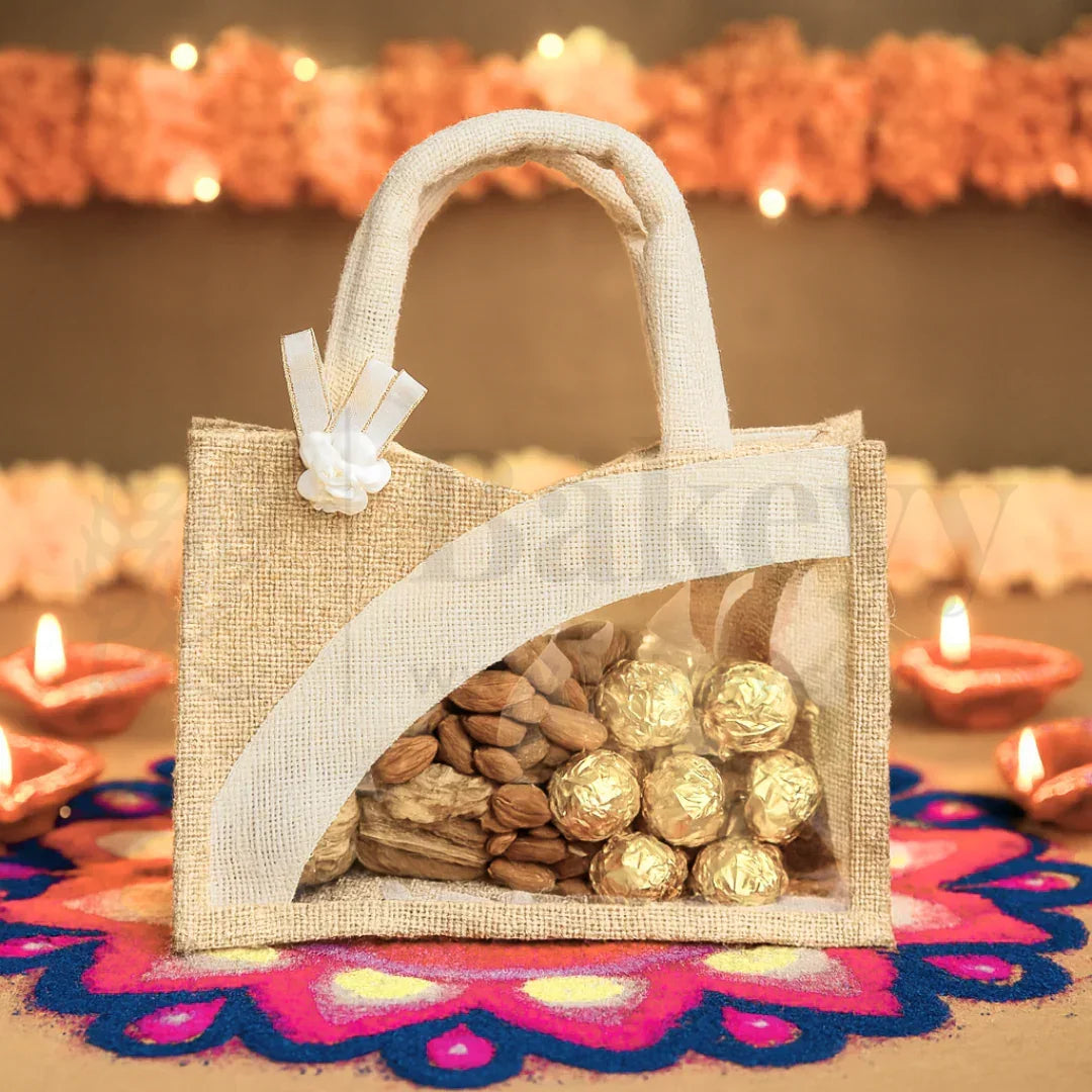 21x10x15 CM | Beige & Cream 2 Jar Ethnic Jute Gift Bag with Window & Handle – 1 Piece