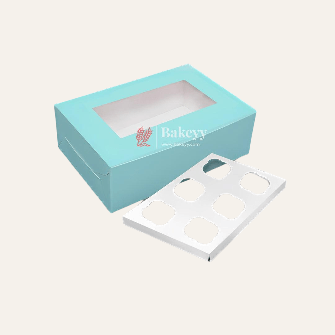 6 Cupcake Box | With Window | Sky Blue Color | - Bakeyy.com - India - 6 Cupcake Box | With Window | Sky Blue Color | - Pack of 10