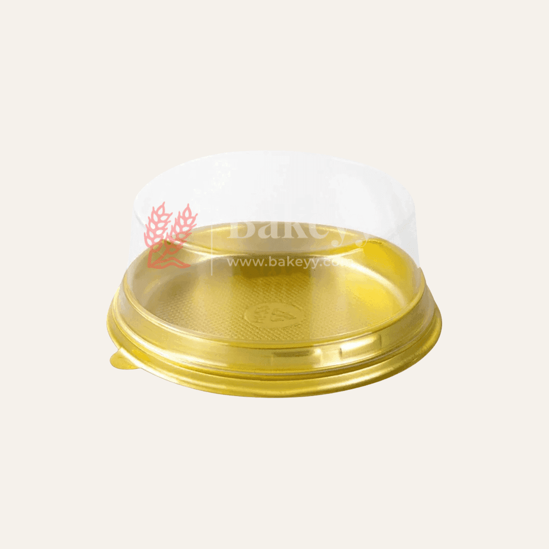 Bento Cake Container | Pack of 100 | Round Golden Plastic Cake Container with Clear Dome Lid | Individual Pastry Container - Bakeyy.com - India - Bento Cake Container | Pack of 100 | Round Golden Plastic Cake Container with Clear Dome Lid | Individual Pastry Container - Gold