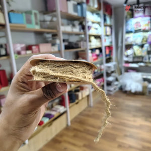 Hand holding a piece of bread with visible interior texture in a store setting