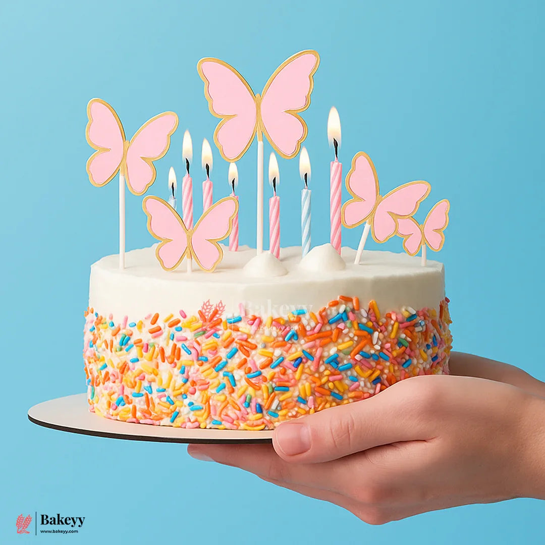 Soft Pink & Shiny Gold Foil Border | Butterfly Toppers | Elegant Decoration for Cakes, Cupcakes & Desserts | Set of 10