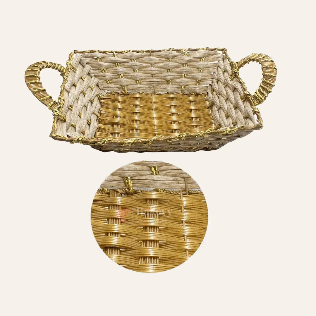 Rustic Handwoven Rectangle Basket with Handles & Golden Border – Decorative Storage & Serving Tray - Bakeyy.com - India - Rustic Handwoven Rectangle Basket with Handles & Golden Border – Decorative Storage & Serving Tray - Default Title