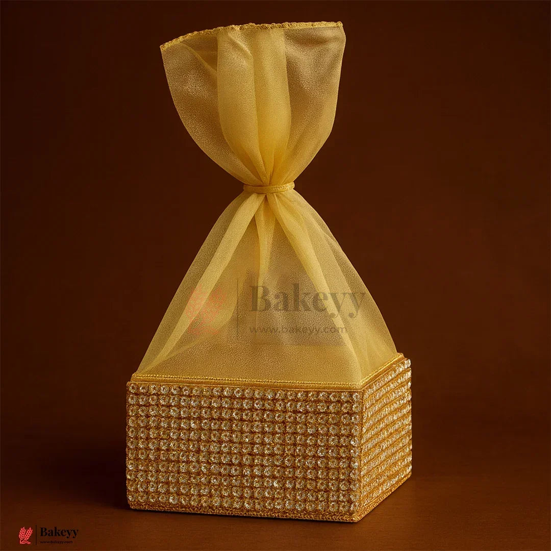 6x6x3 Inch | Golden Diamond Mesh Gift Box with Net  – Premium Return Gift Packaging | Pack  of 1