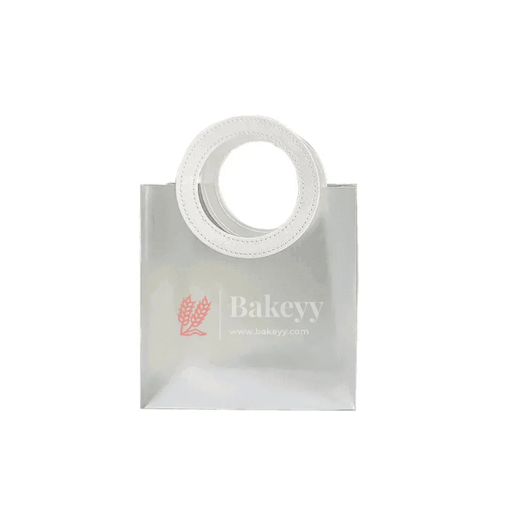 Transparent Bags With Leather Style White Colour Handles | Pack of 12 - Bakeyy.com - India - Transparent Bags With Leather Style White Colour Handles | Pack of 12 - 22x21x11Cm