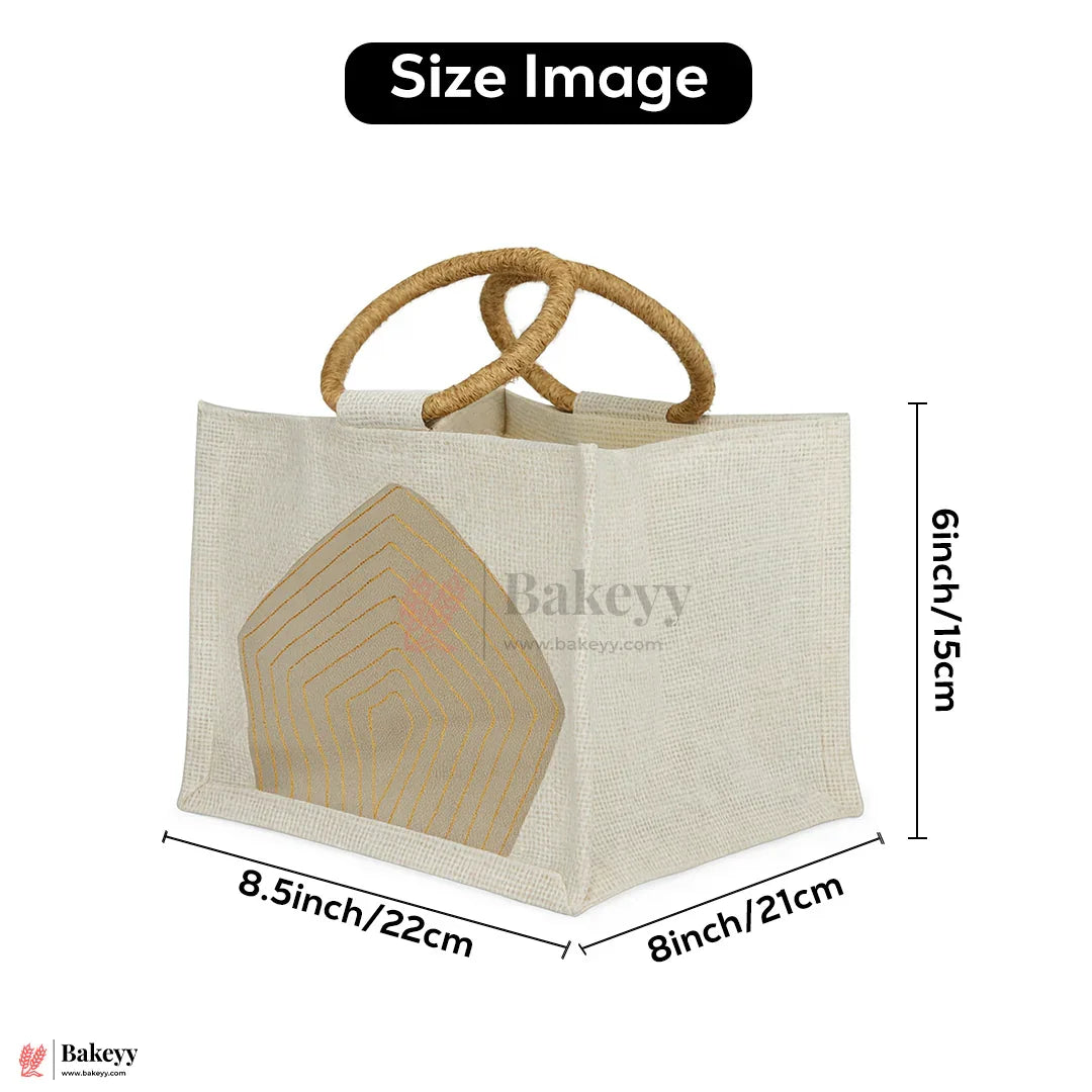 22x21x15 cm Beige & Cream Jute Gift Bag with Transparent Window & Round Handles Pack Of 1