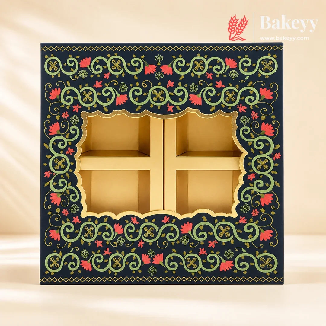 4_Cavity_Rigid_Dry_Fruit_Box_Elegant_Festive_Hamper_Box_with_Window_Lid_Elegant_Floral_Design_Pack_Of_1 - Bakeyy.com IN