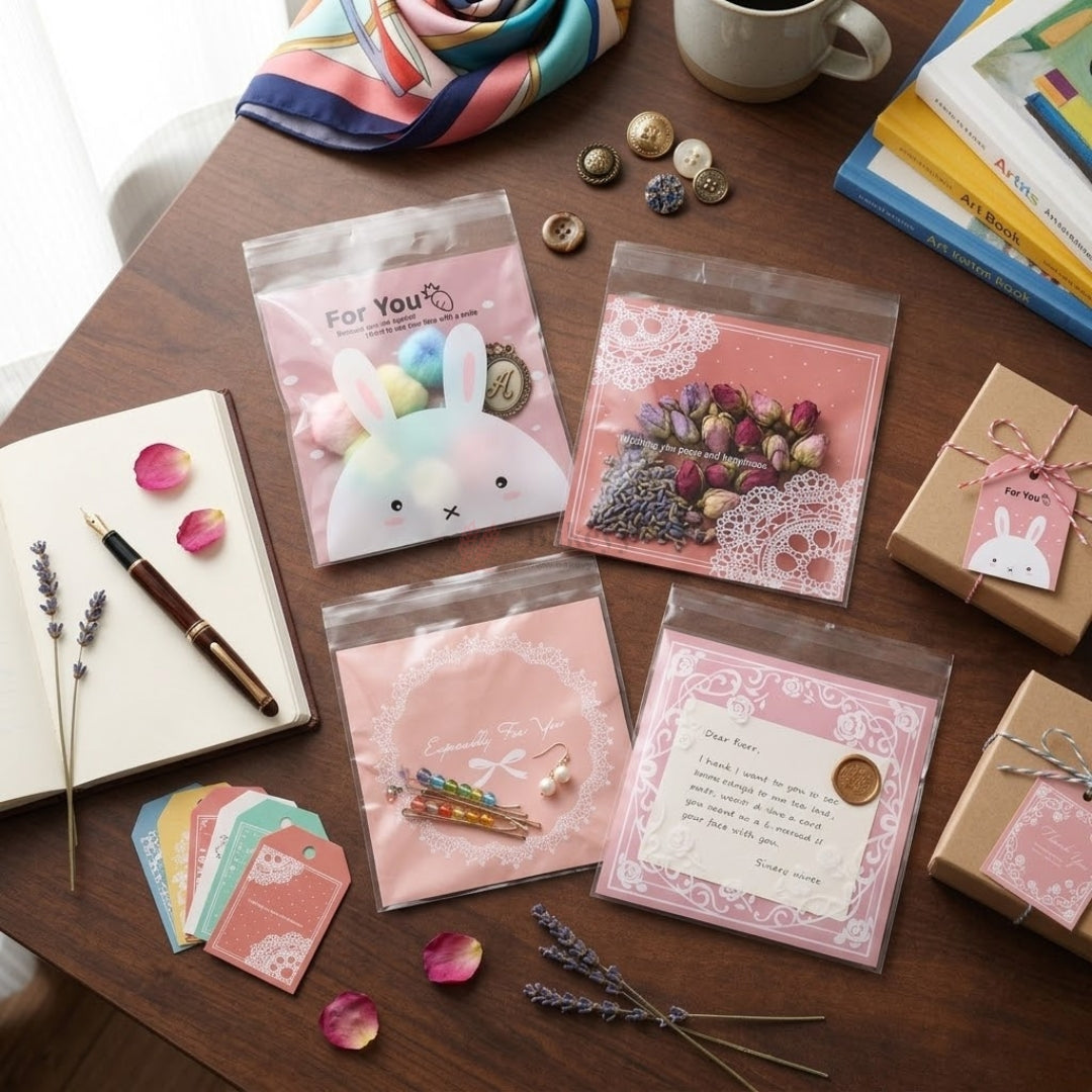 17 X 14 CM Printed Cellophane Cookie Pouch Set | Resealable Transparent Gift Packaging | Pack of 100