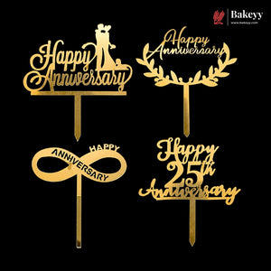 Four gold anniversary cake toppers on a black background, including Happy Anniversary, Happy Anniversary with wreath, Happy Anniversary with infinity symbol, and Happy 25th Anniversary.