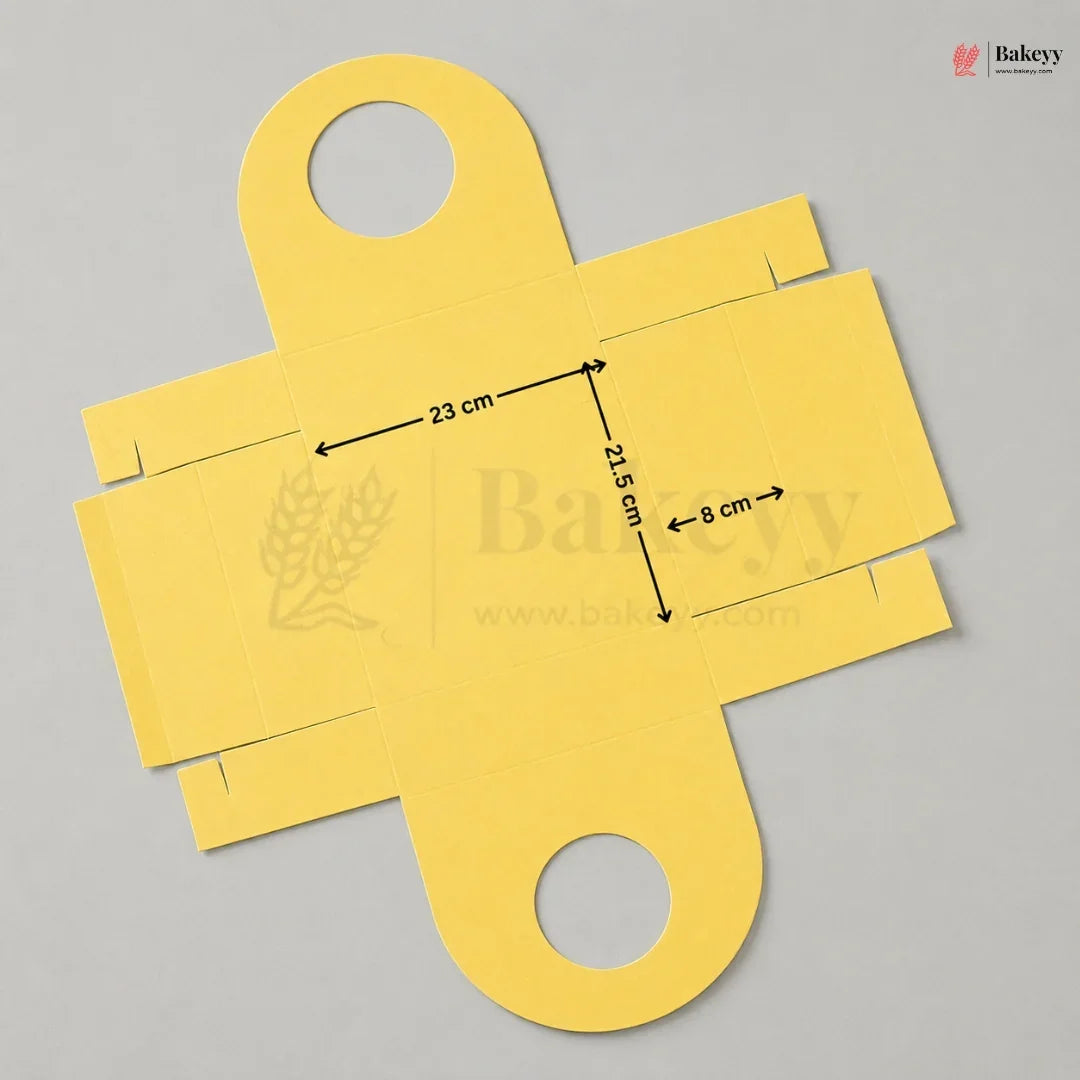 Yellow paper bag template with measurements on a gray background, featuring the Bakey brand.