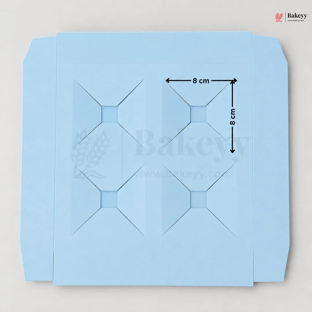 Blue baking paper with grid lines and measurements on a light gray background