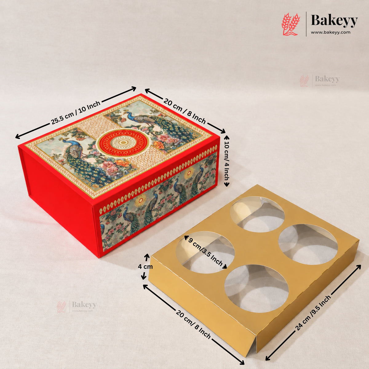 A red decorative cake box with a printed multicolor floral and bird design, shown alongside a matching gold cardboard insert tray with four circular cutouts. Black dimension arrows and text label the measurements of both pieces.