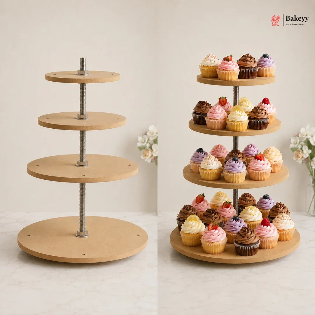 A wooden multi-tier cupcake stand shown empty on the left and filled with assorted frosted cupcakes on the right, set against a clean indoor backdrop with flowers in the background.