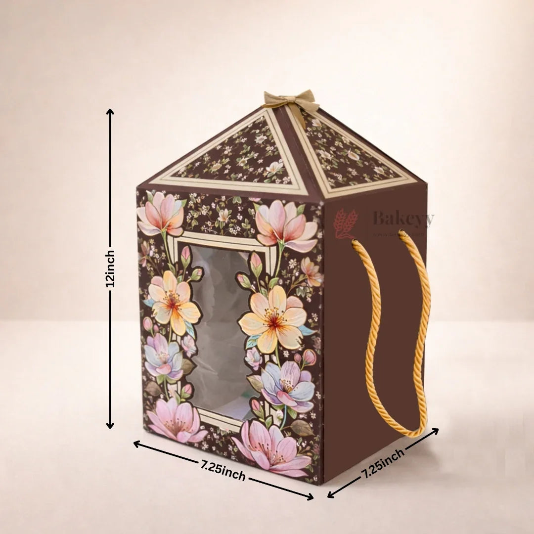 Premium Floral Window Gift Box with Rope Handle (7.25 x 7.25 x 12 Inch) | Cake Hamper & Gifting Box | Pack of 10