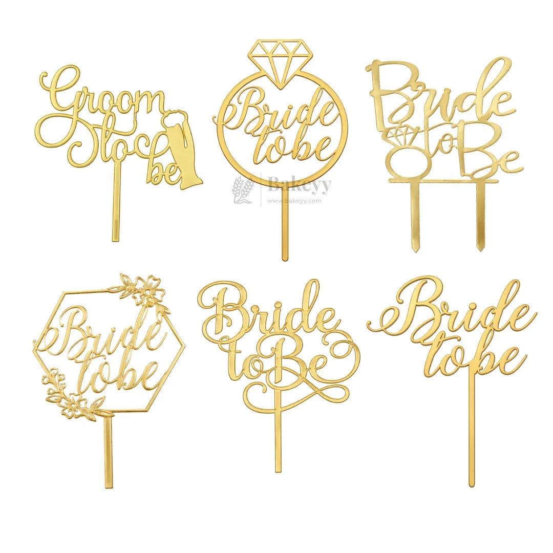 4 inch Gold Bride To Be & Groom To Be Cake Topper Set | Wedding & Pre-Wedding Cake Decoration | pack of 5
