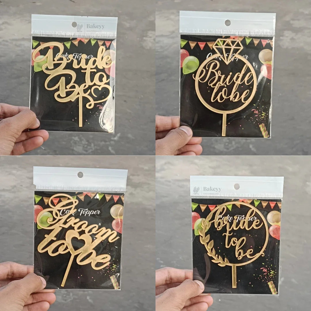 4 inch Gold Bride To Be & Groom To Be Cake Topper Set | Wedding & Pre-Wedding Cake Decoration | pack of 5