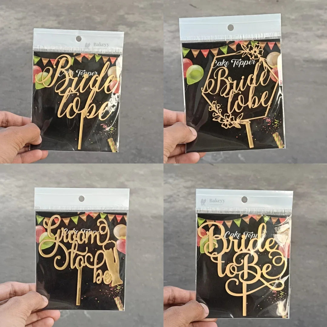 4 inch Gold Bride To Be & Groom To Be Cake Topper Set | Wedding & Pre-Wedding Cake Decoration | pack of 5