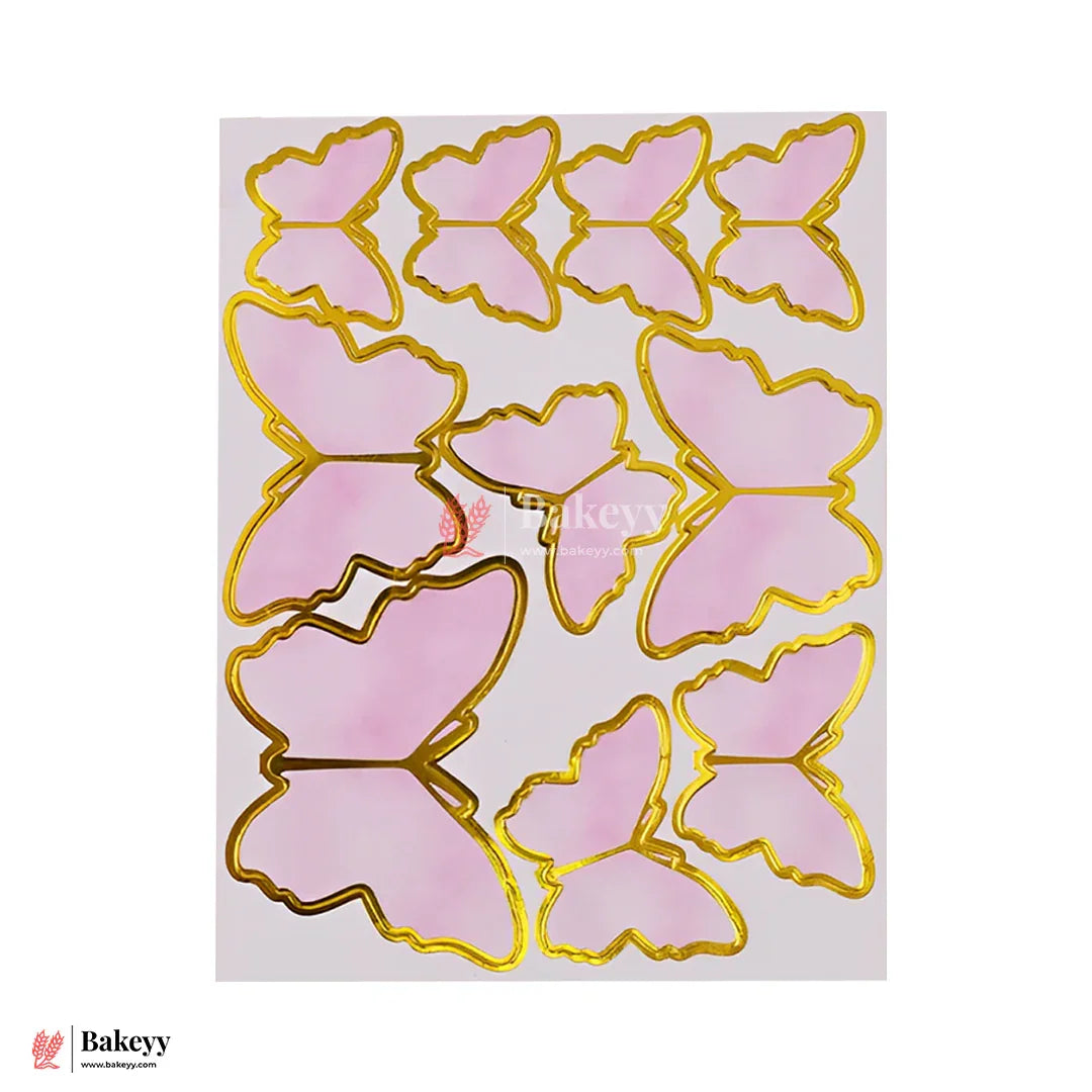 Soft Pink & Shiny Gold Foil Border | Butterfly Toppers | Elegant Decoration for Cakes, Cupcakes & Desserts | Set of 10