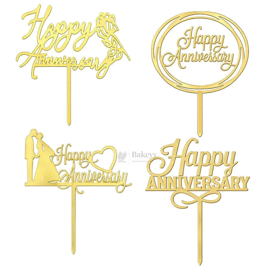 4 Inch Happy Anniversary Acrylic Cake Topper Set | Assorted Elegant Designs | Pack of 5