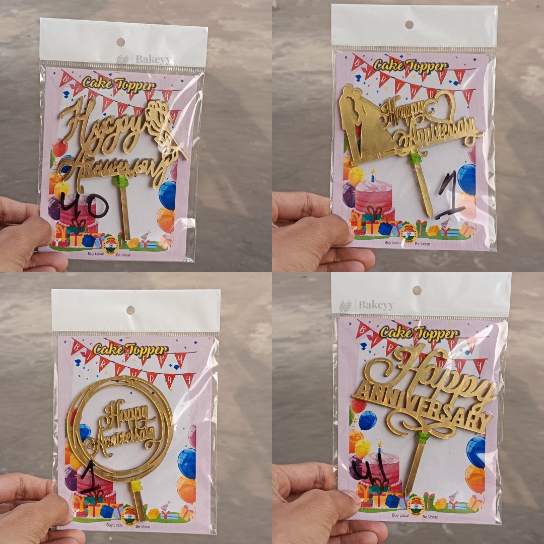 4 Inch Happy Anniversary Acrylic Cake Topper Set | Assorted Elegant Designs | Pack of 5
