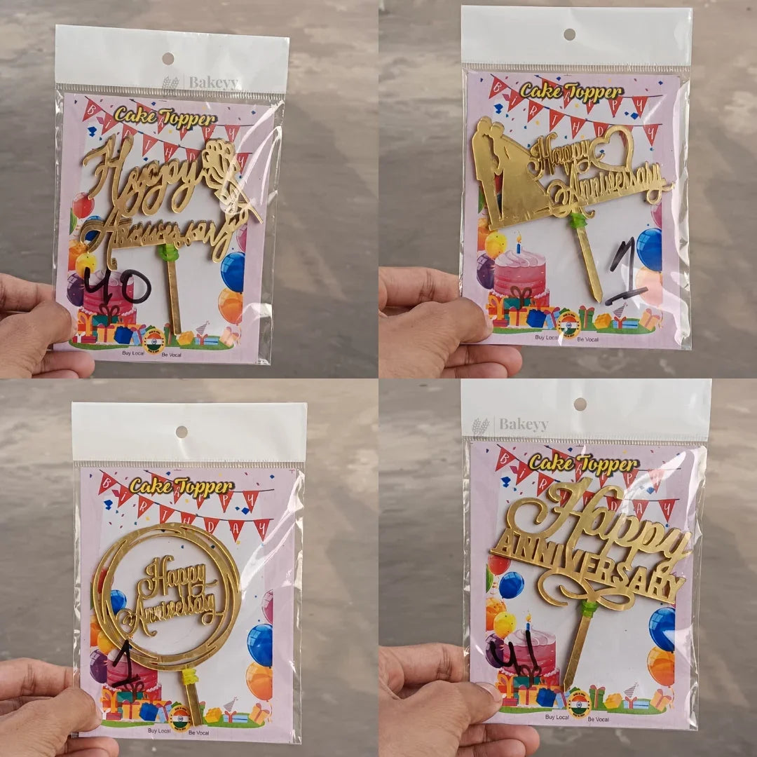 4 Inch Happy Anniversary Acrylic Cake Topper Set | Assorted Elegant Designs | Pack of 5