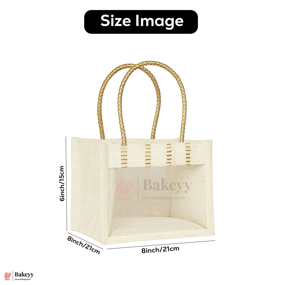21x21x15 CM | Cream 4 Jar Ethnic Jute Gift Bag with Front Window & Golden Handle – 1 Piece