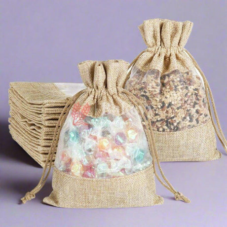 10x14 CM Natural | Jute Potli Window Bag | Gift Return Gifts Bags | Drawstring Bags - Bakeyy.com - India - 10x14 CM Natural | Jute Potli Window Bag | Gift Return Gifts Bags | Drawstring Bags - Pack Of 10 / 5303 / 4x6 Inch
