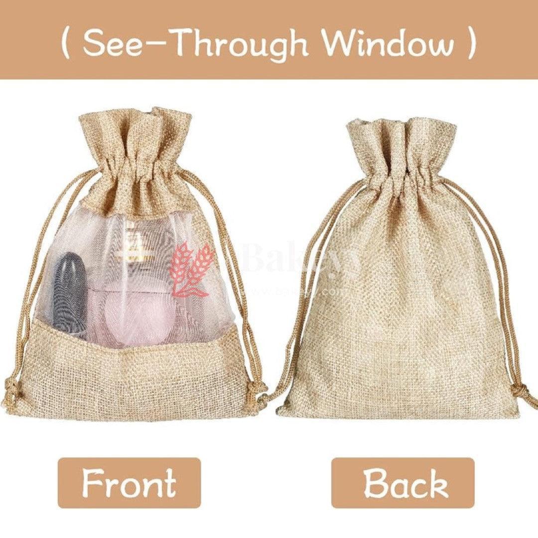 10x14 CM Natural | Jute Potli Window Bag | Gift Return Gifts Bags | Drawstring Bags - Bakeyy.com - India - 10x14 CM Natural | Jute Potli Window Bag | Gift Return Gifts Bags | Drawstring Bags - Pack Of 10 / 5303 / 4x6 Inch
