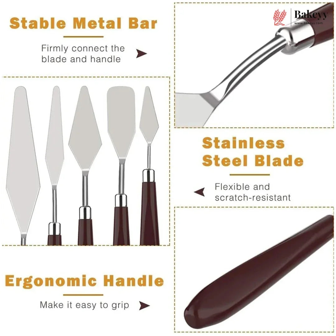 A set of five stainless steel cake and pastry spatulas with dark brown ergonomic handles, shown with feature callouts and close-up detail images on a white background.