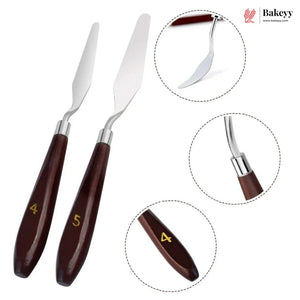 Two metal cake and pastry spatulas with dark brown wooden handles numbered 4 and 5, shown on a white background with three circular detail insets and a Bakeyy logo in the top right.