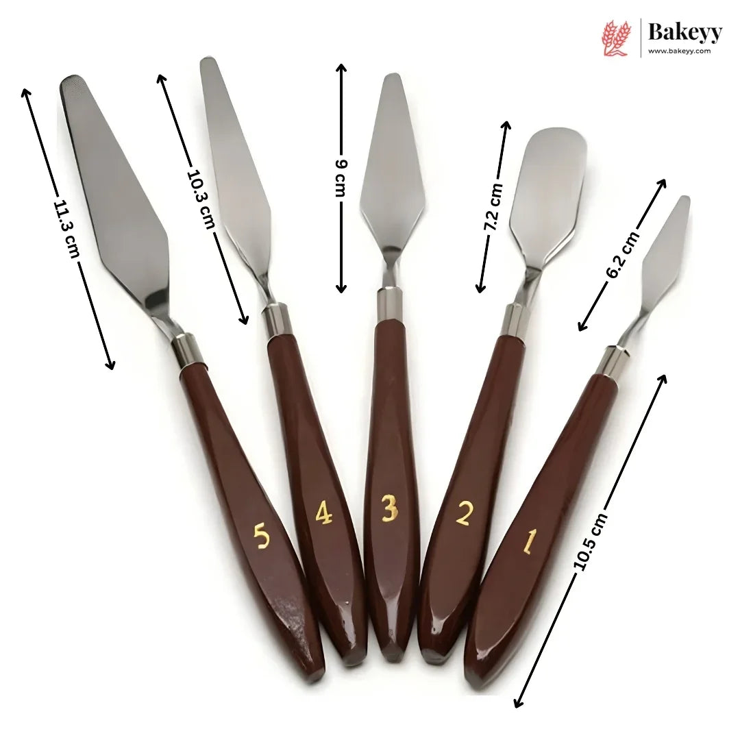 Five pastry and cake scrapers with dark brown wooden handles and silver metal heads, arranged in a fan shape on a white background with dimension arrows and labels. A Bakeey logo is visible in the top right corner.
