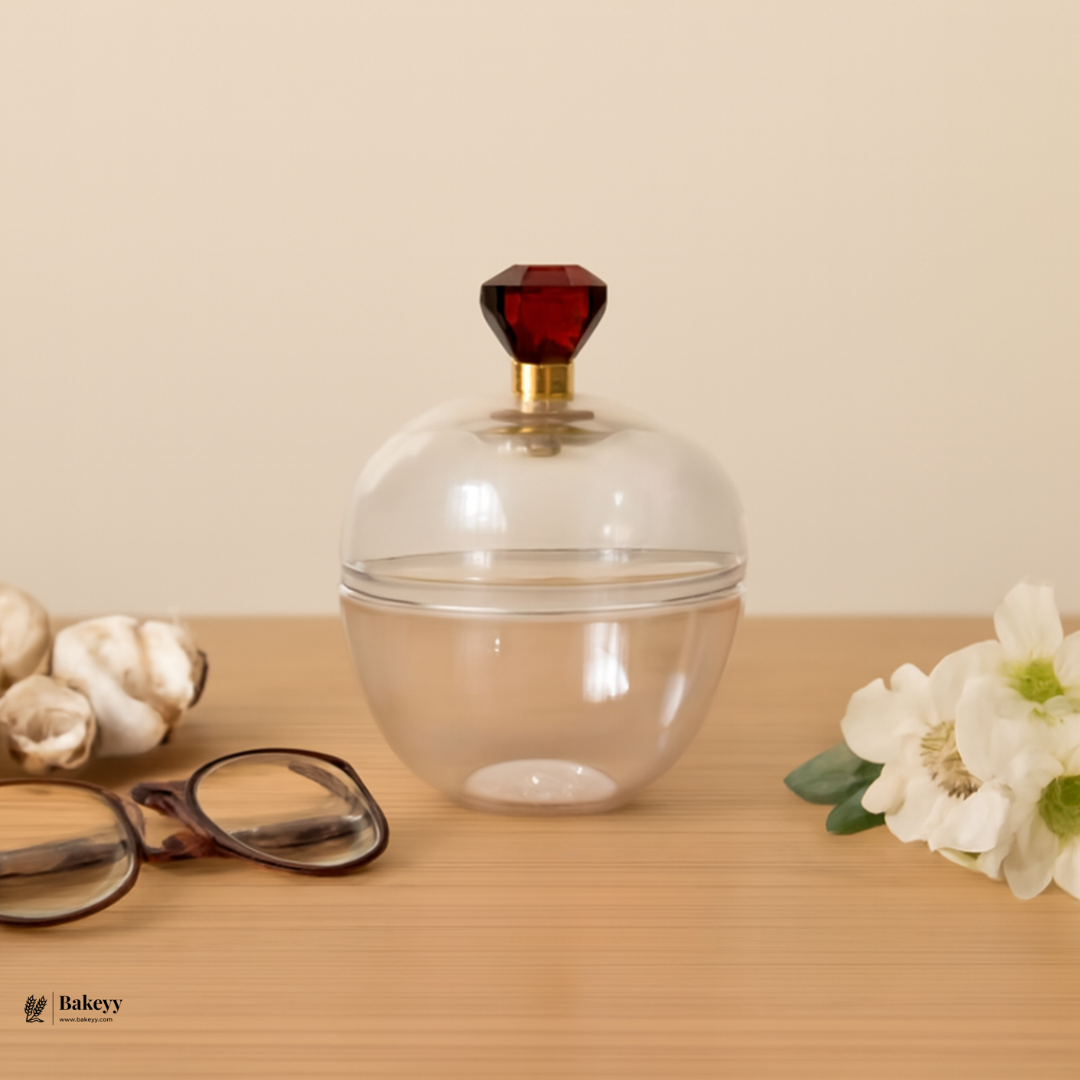 Clear Round Plastic Box with Crystal Top Knob | Clear Display Container | Transparent Apple Shape Box Container | Pack of 12