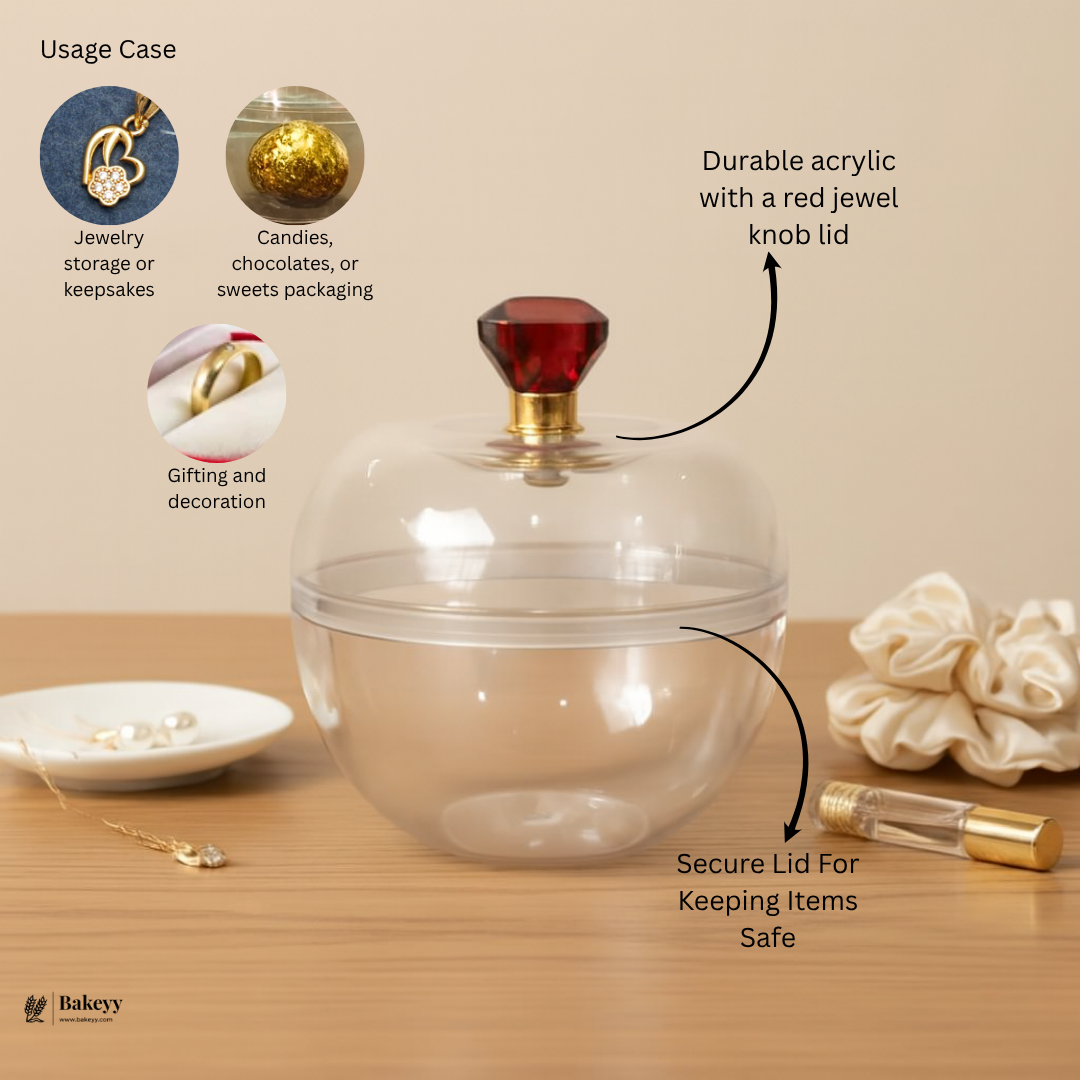 Clear Round Plastic Box with Crystal Top Knob | Clear Display Container | Transparent Apple Shape Box Container | Pack of 12