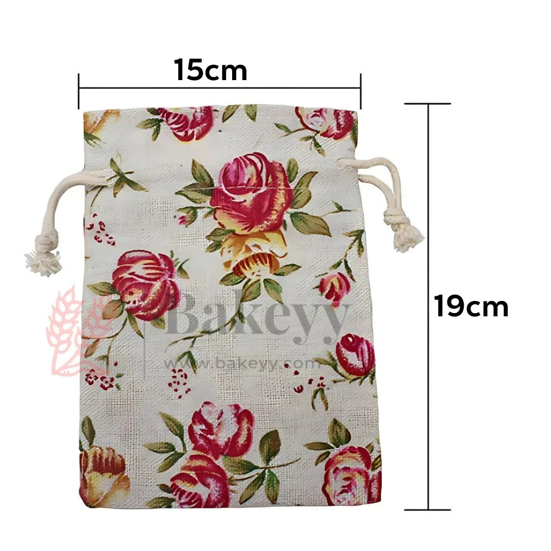 15X19cm| Floral Rose Jute Drawstring Bag| Jute Potli Bags| Gift Bags, Jewellery Pouches| DIY Craft Potli| Pack of 10
