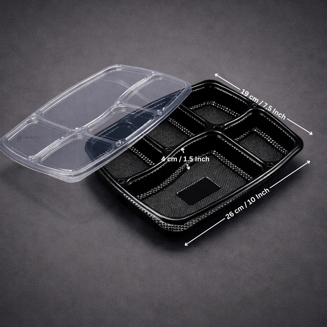 5 Compartment Plastic Meal Tray with Lid | Black Disposable Food Packaging Container for Takeaway, Catering & Meal Prep | Pack of 25